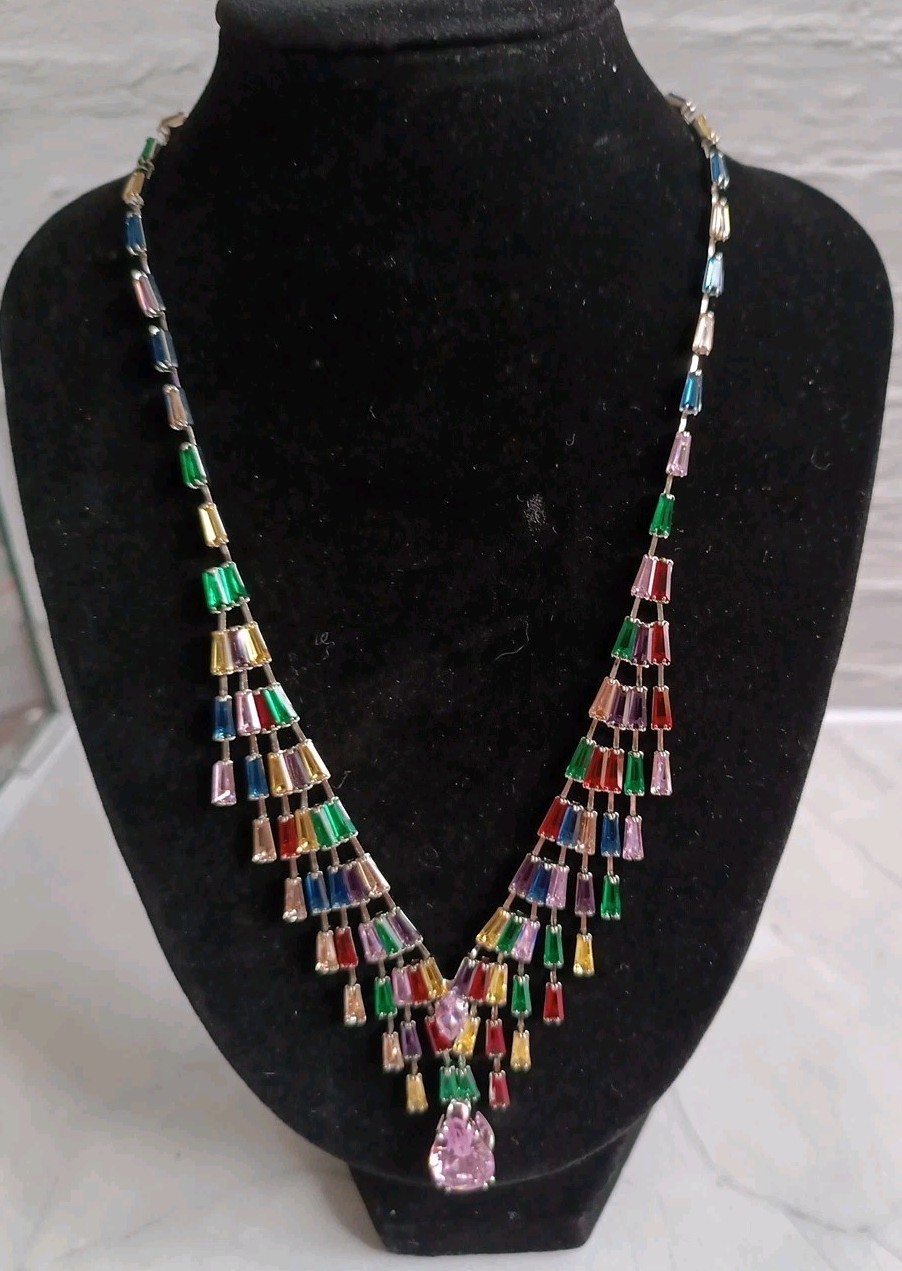 Silver Tone Multi Colour Stone (Red Green Pink Blue) Necklace & Earrings 16-19″