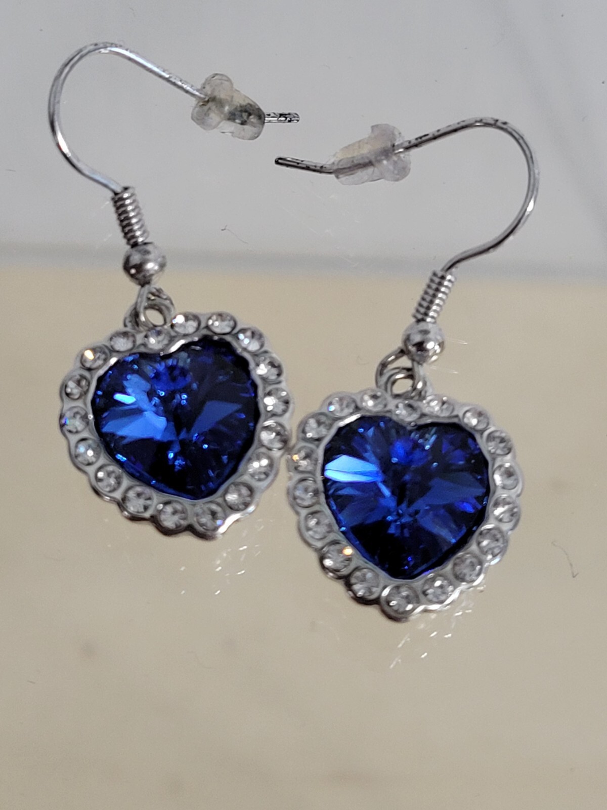Qianse Blue rhinestone crystal Earrings Heart Blue Clear Silver-tone +box Unused
