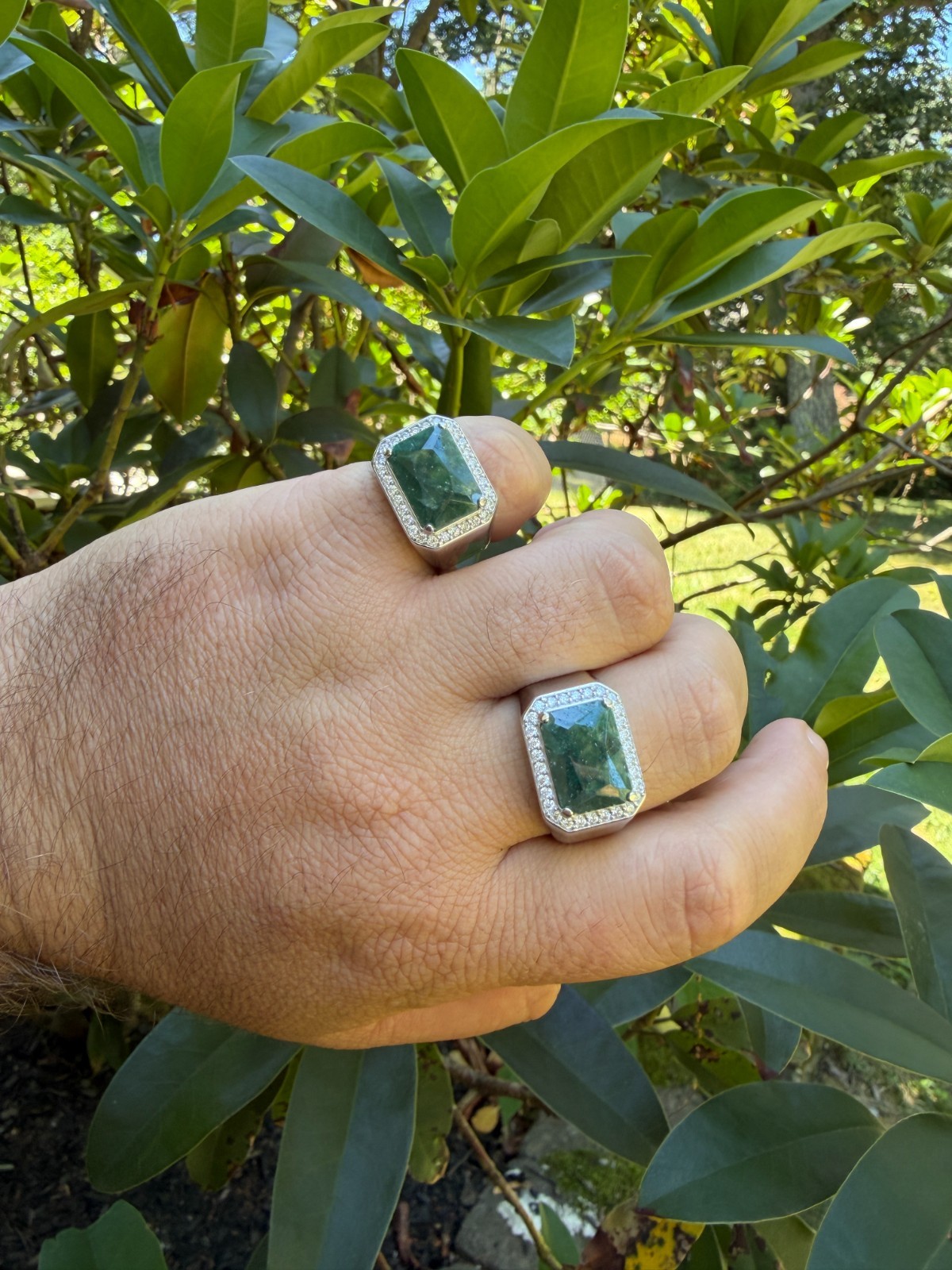 MOISSANITE Iced Natural 9ct Rectangle Green Emerald Stone Ring 925 Silver