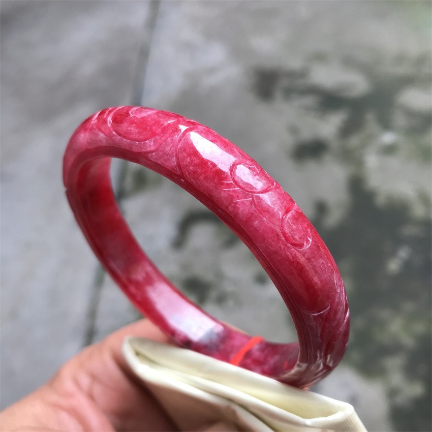 61mm Natural Icy Red Jadeite Jade Bracelet Myanmar Carving Jade Bracelet
