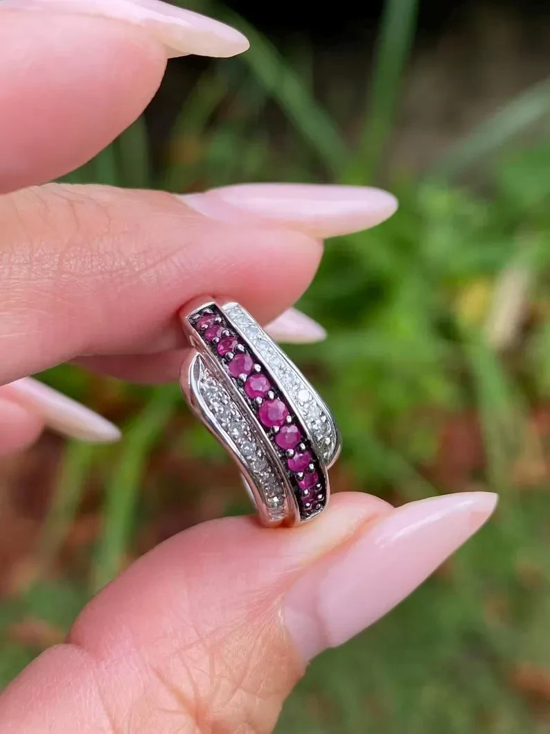 1.60 Ct Round cut Natural Red Ruby & Diamond 14K White Gold Eternity Band Ring