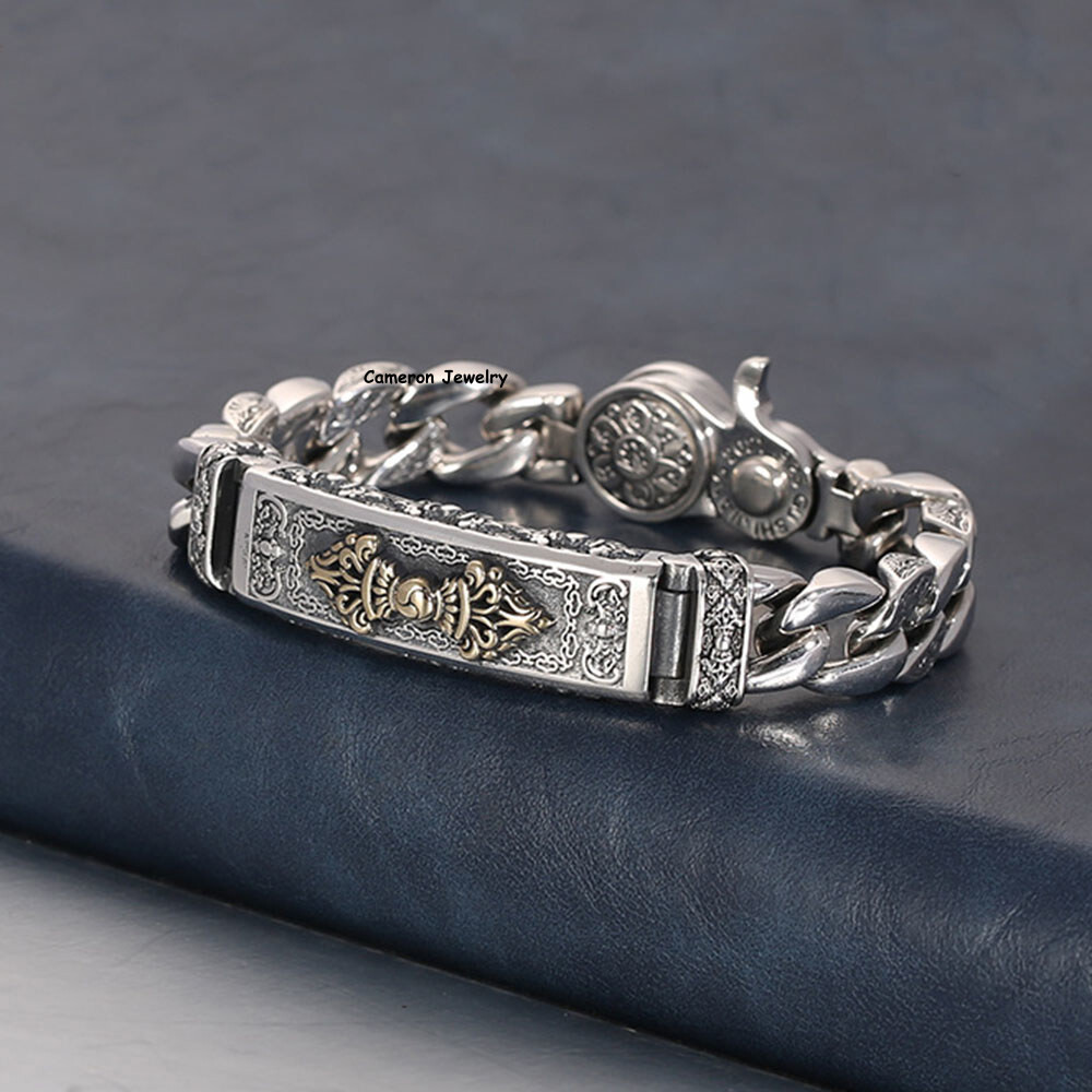 Solid 925 Sterling Silver Chain Vajra 11mm Six Words Curb Link Bracelet 7-8.7in
