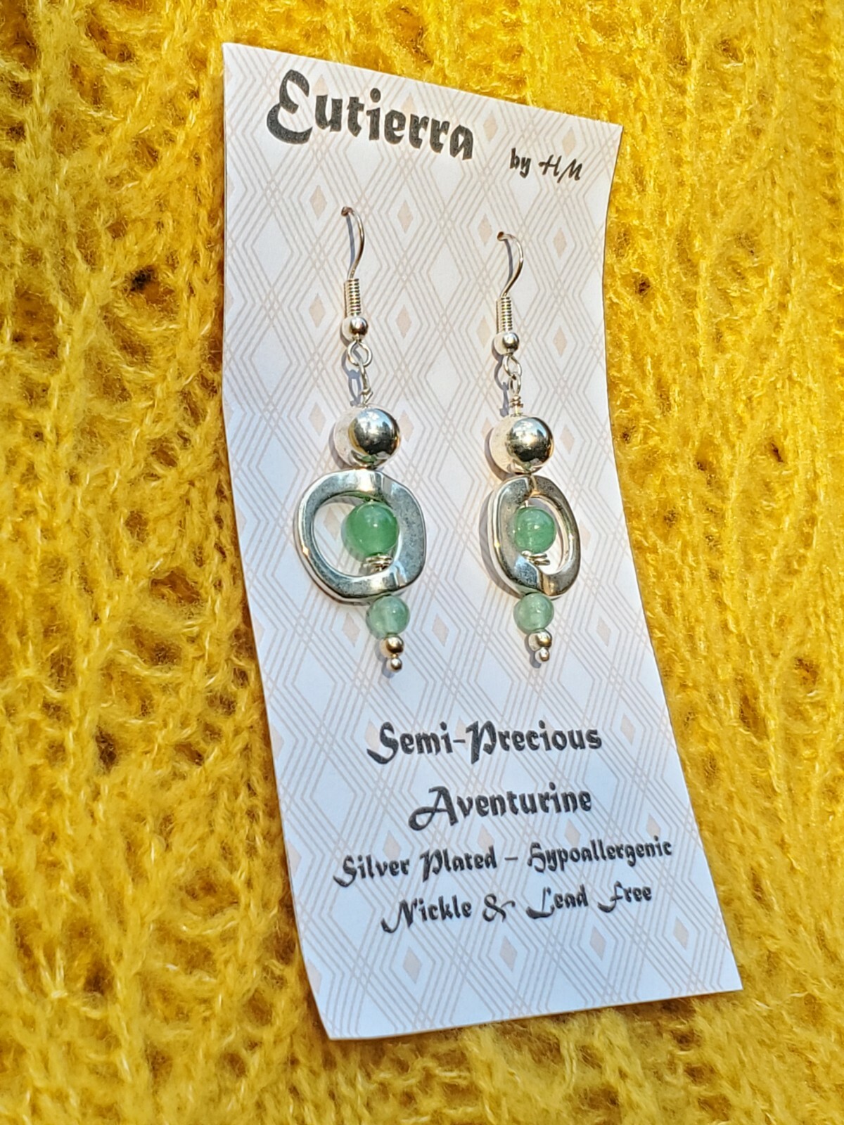 Eutierra Semi-Precious Aventurine Earrings Hand Crafted In USA Silver Plated 2″