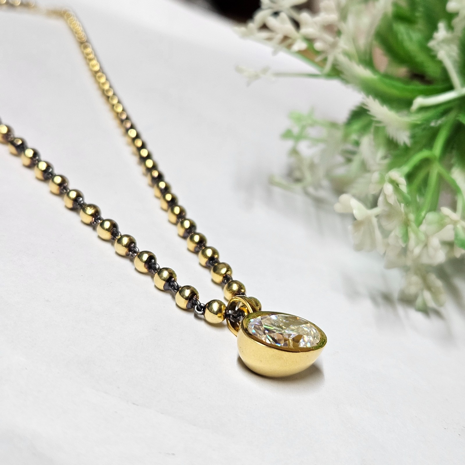 Moissanite 14x10mm Oval 14K Multi Tone Gold Plated Wedding 18″ Chain Necklace