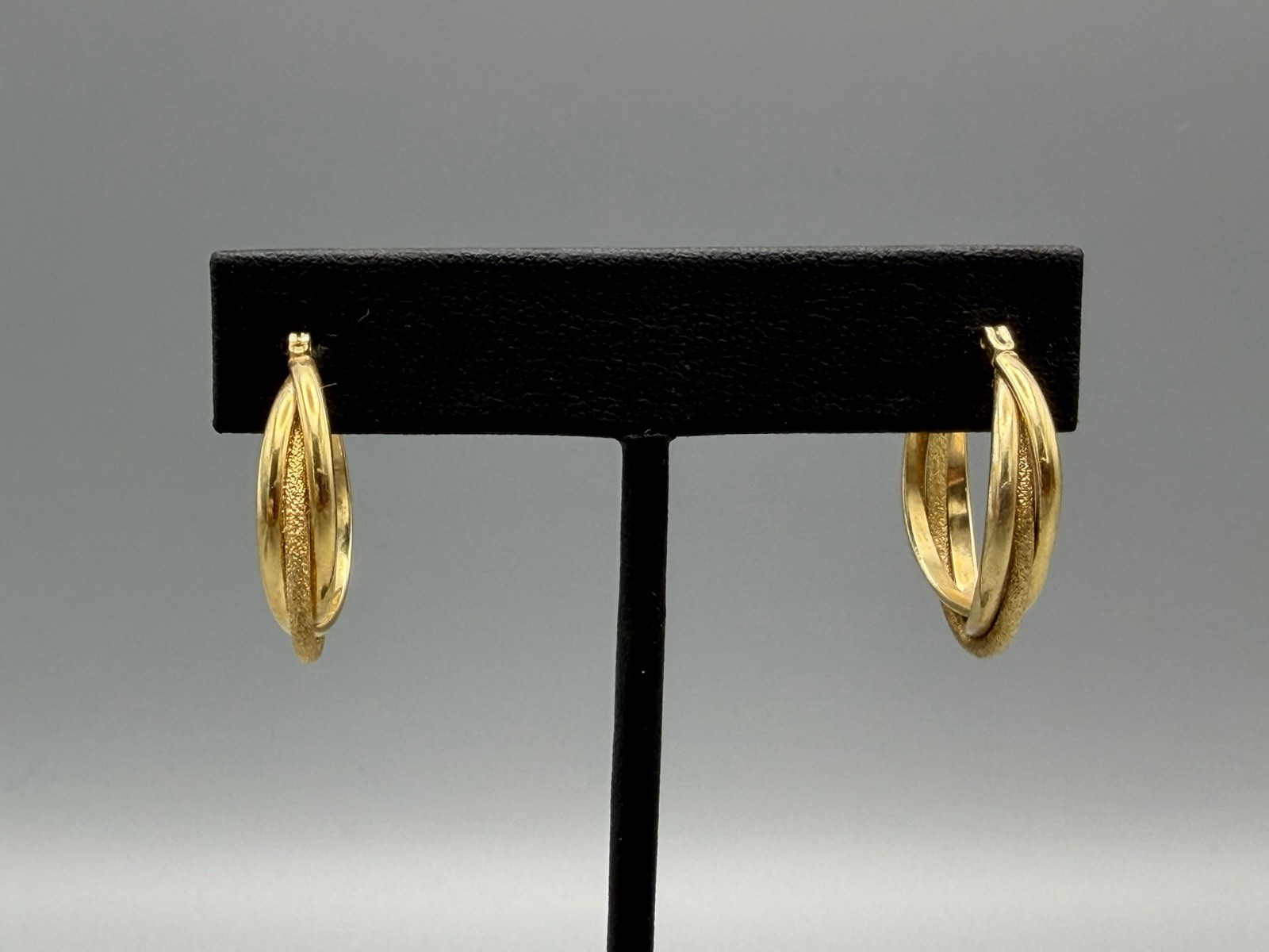 Gold Tone Hoop Earrings Textured Triple Row Snap Closure