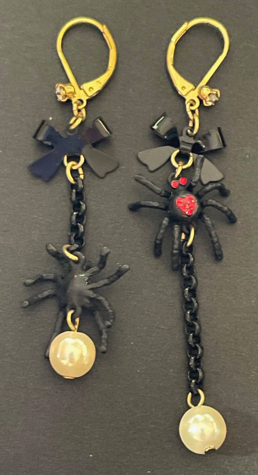 Betsey Johnson Gunmetal Necklace Spider Web Red Crystal Beads and Earrings Set