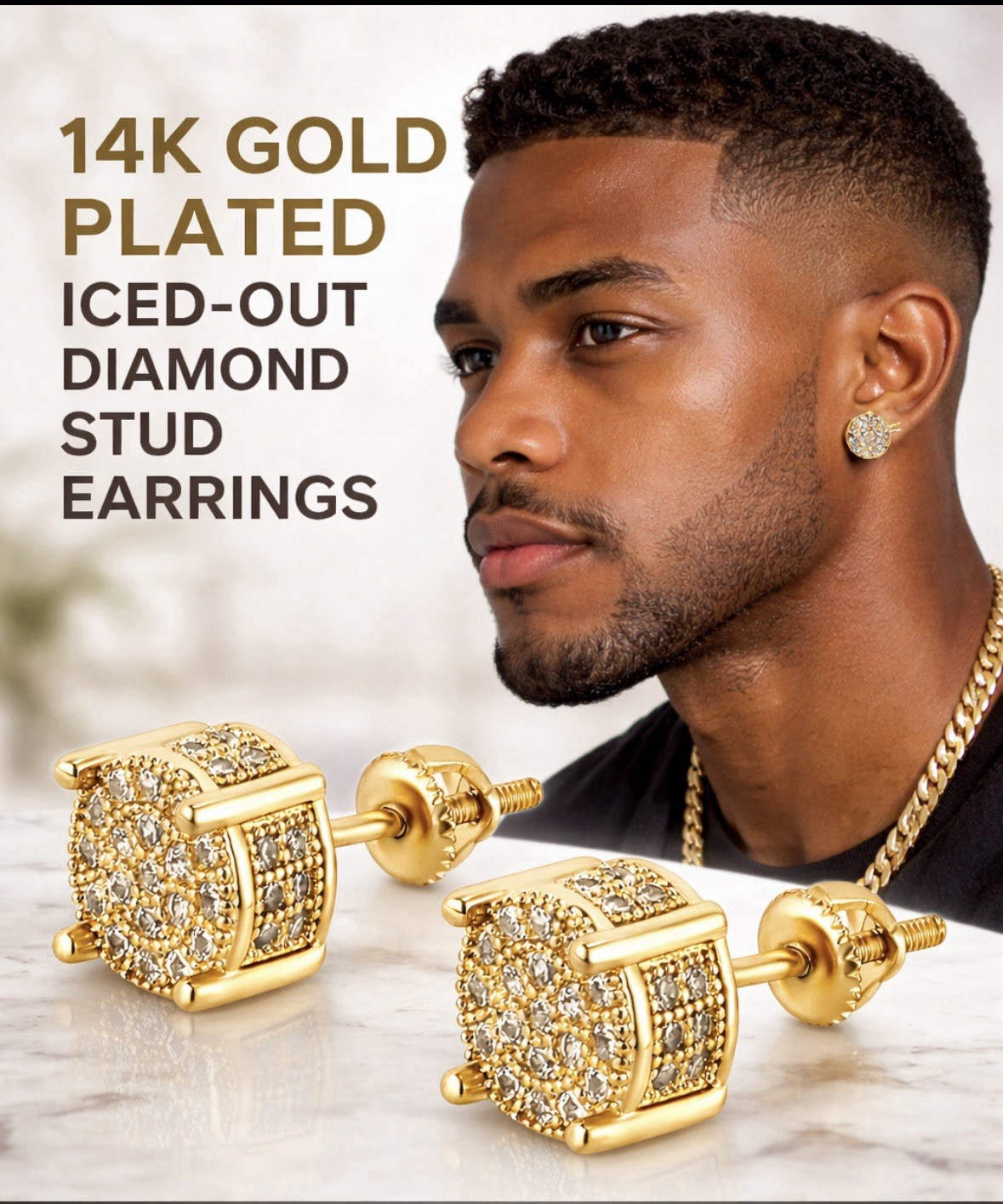 14K Gold Plated Iced Out CZ Cluster Stud Earrings Screw Back Mens Bling
