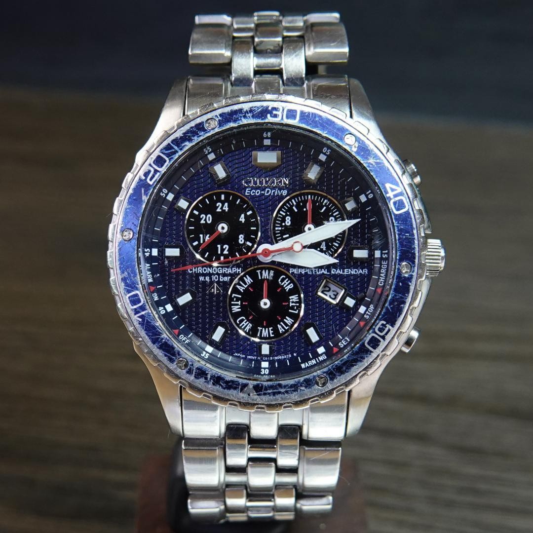 CITIZEN Promaster E812 Eco-Drive Perpetual Chronograph Watch Working Used Japan