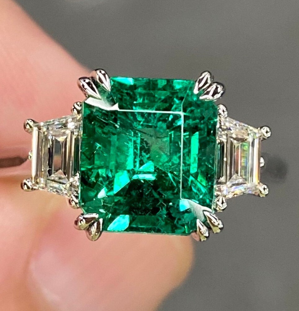 Green Emerald Ring Lab Created Diamond 3.60 Ct 950 Platinum Size 5 6 6.5 7 7.5 8