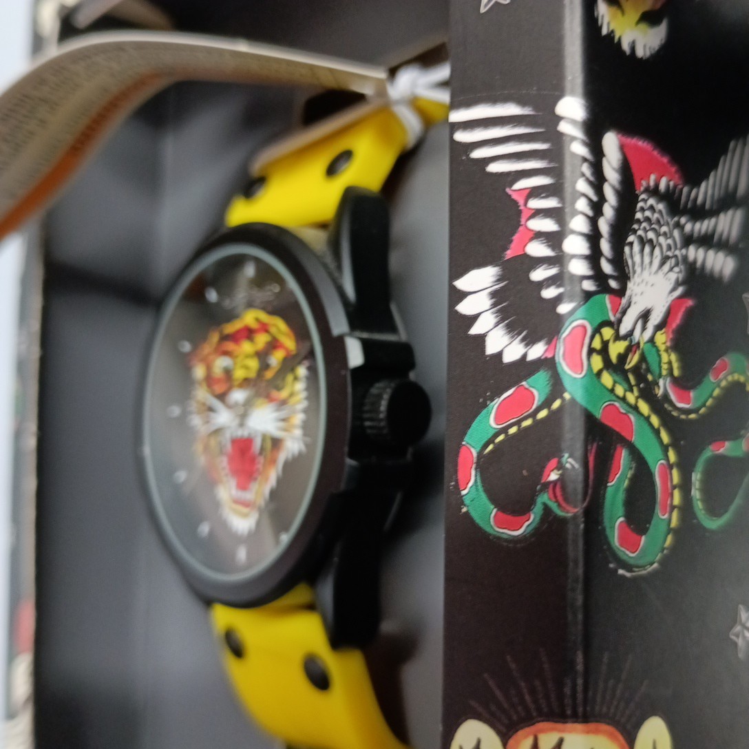 Ed Hardy Men’s Watch Tiger Face Yellow Silicone Adjustable Strap