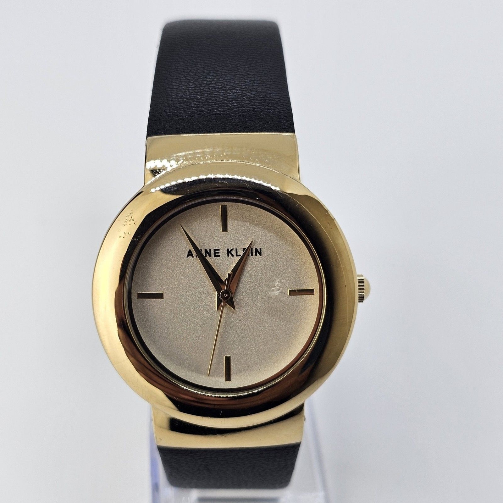 Anne Klein Women’s Watch 36MM Gold Dial Black Leather Band Straps New Battery