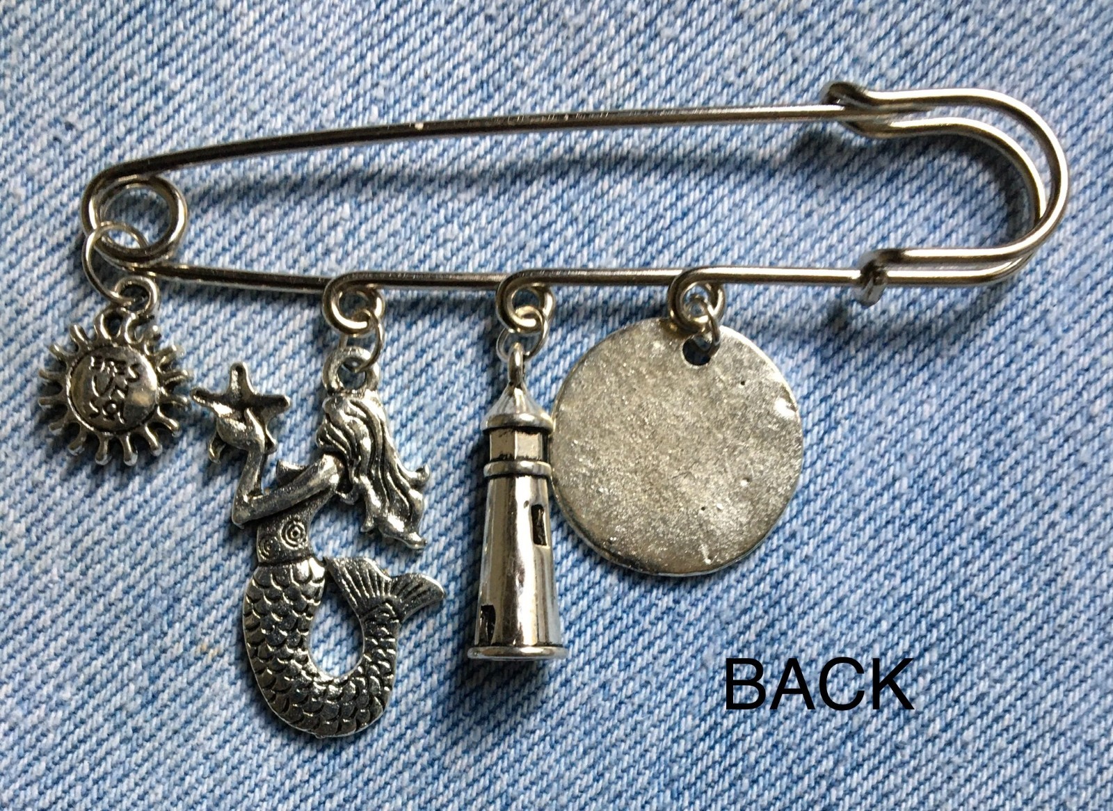 3″ BIG SAFETY PIN w/ BEACH THEME CHARMS – Hanging Lighthouse Mermaid ++