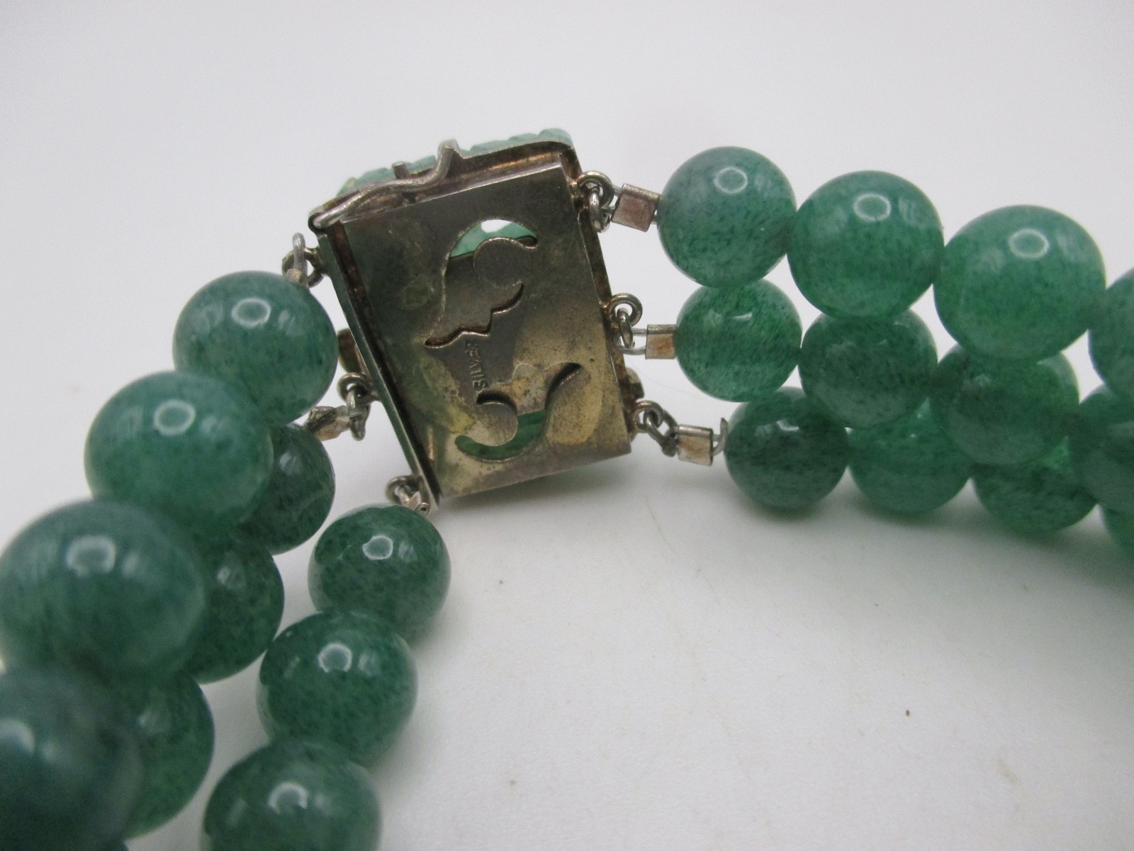 VTG Chinese Export Jade Jadeite 3 Row Beaded Bracelet Carved Flower Clasp Silver