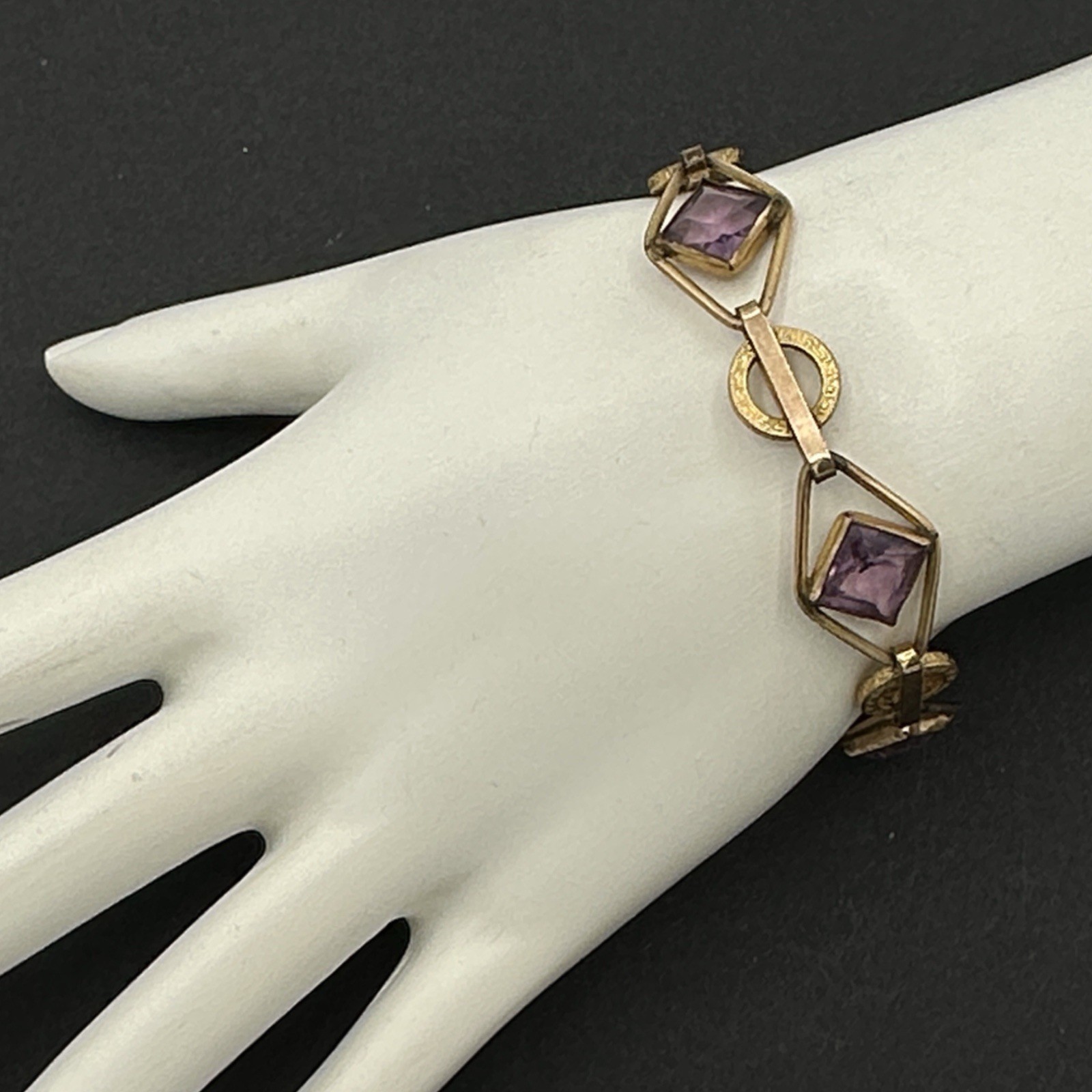 ART DECO 12K gold-filled bracelet – vintage purple amethyst glass embossed links