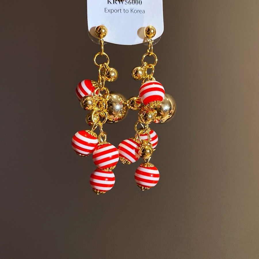 Red White Striped Candy Tassel Gold Plated Ball Chandelier Dangle Drop Earrings