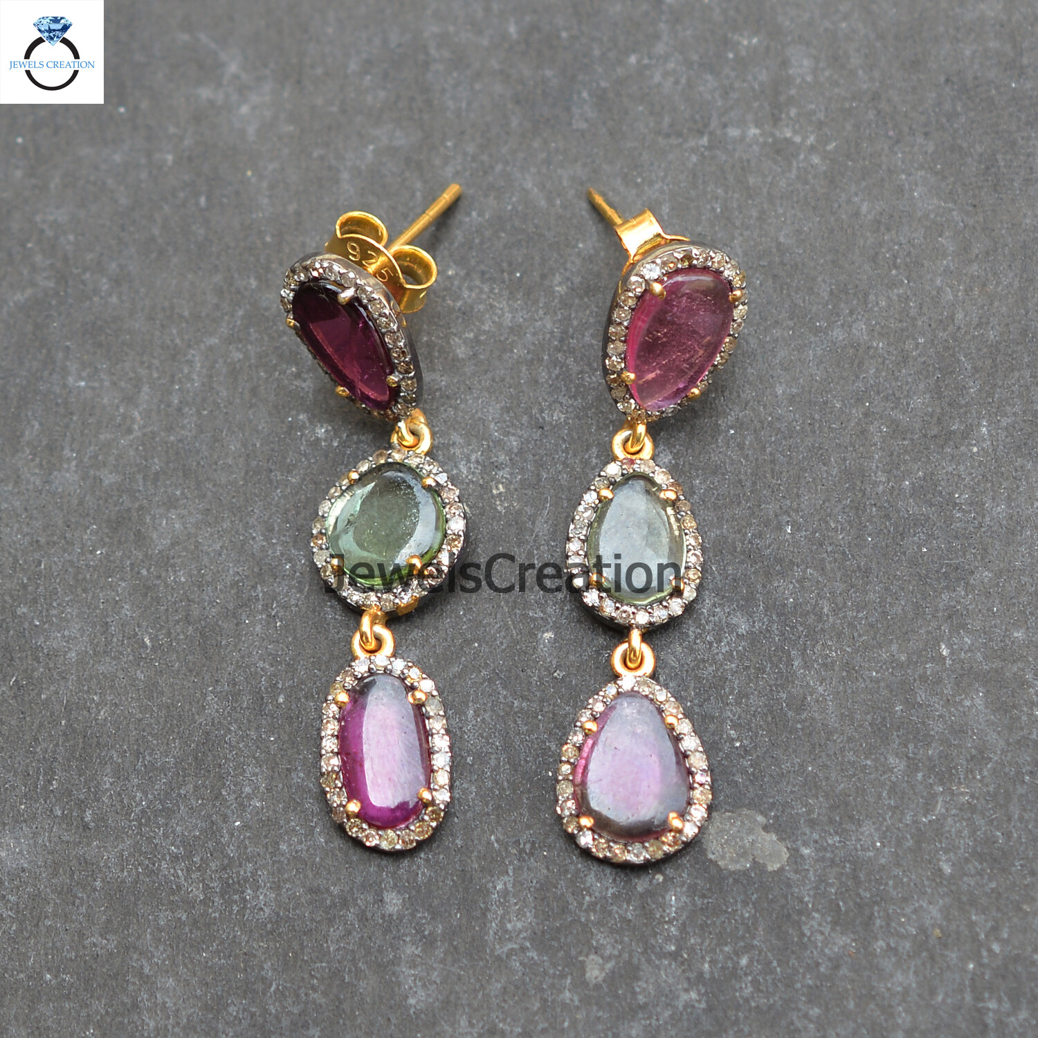 Multi Tourmaline Earrings 925 Silver Diamond Jewelry Handmade Gemstone Earrings