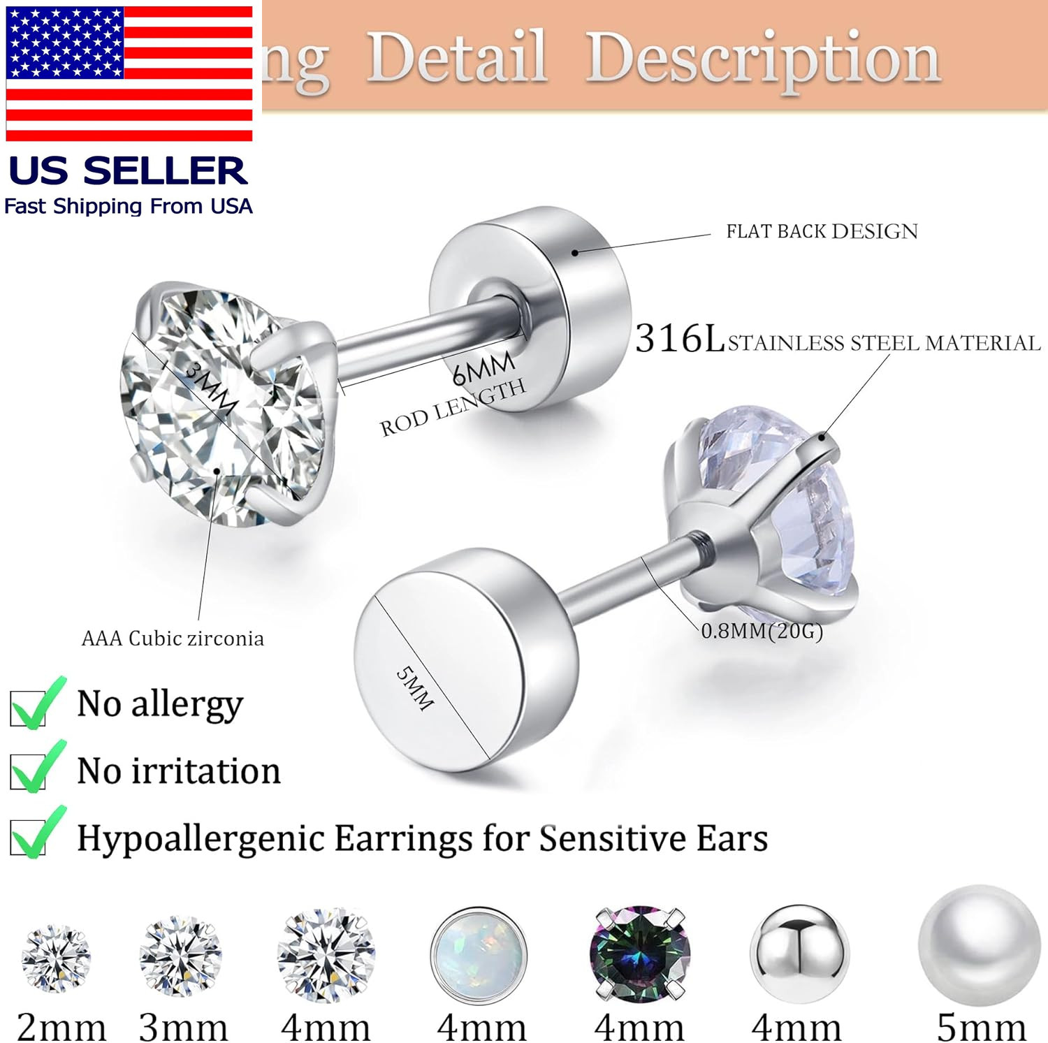 Surgical Steel Flat Back Earrings Set for Multiple Piercing Sensitive Ears,Sterl