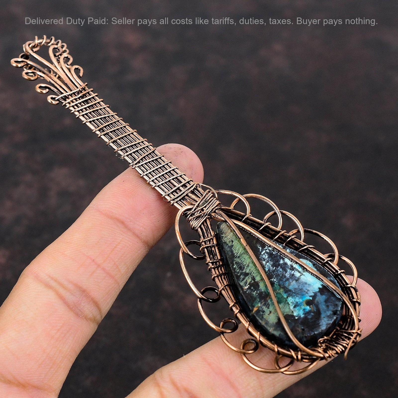 Pear Tibetan Turquoise Stone Copper Wire Wrapped Guitar Throat Chakra Pendant