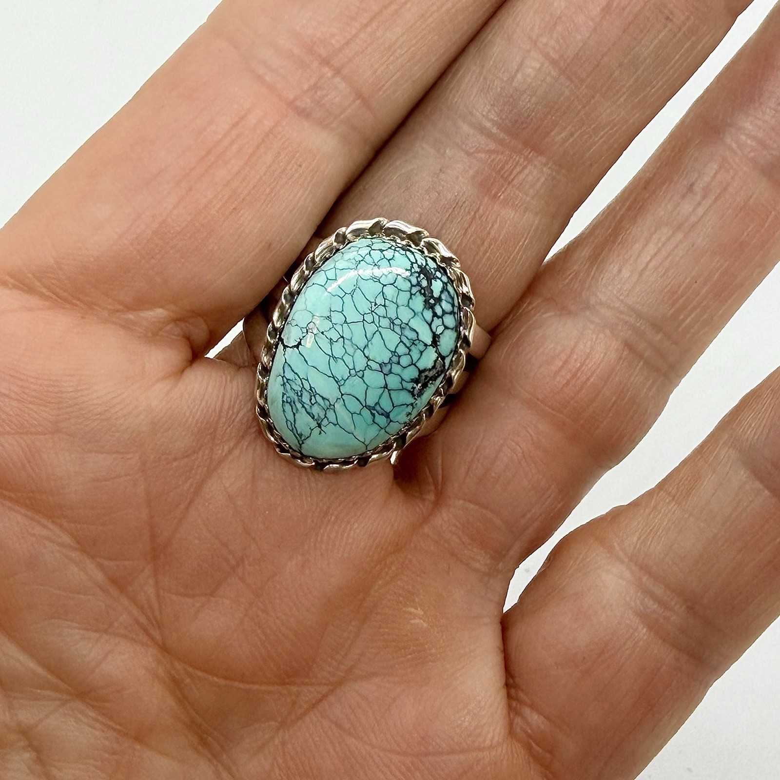 Navajo Natural Spiderweb Golden Hills Turquoise Ring Sz 9.5 Sterling by AJ 9.5g