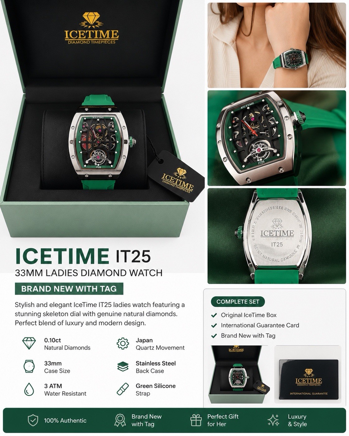 IceTime IT25 Women’s Quartz Skeleton Dial 33mm SS Case Green Silicone 30m