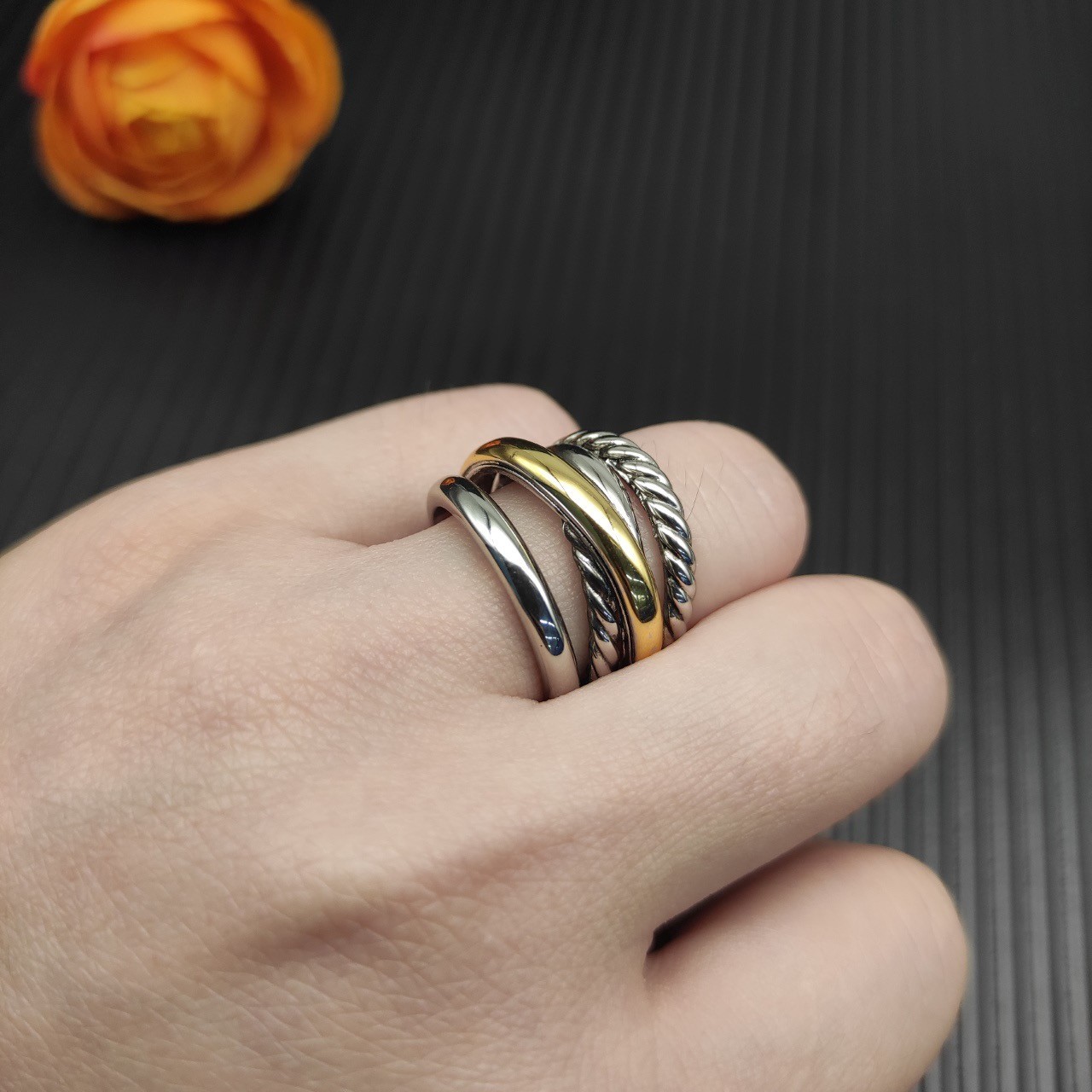 David Yurman Sterling Silver Crossover Five Row Ring with 18k Gold Size 8