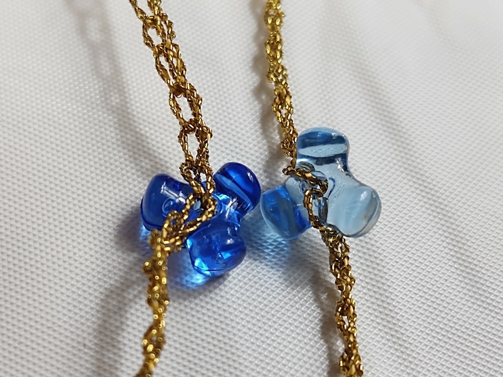 Vintage Blue Plastic Beaded Necklace Long Gold Tone Chain Costume Jewelry