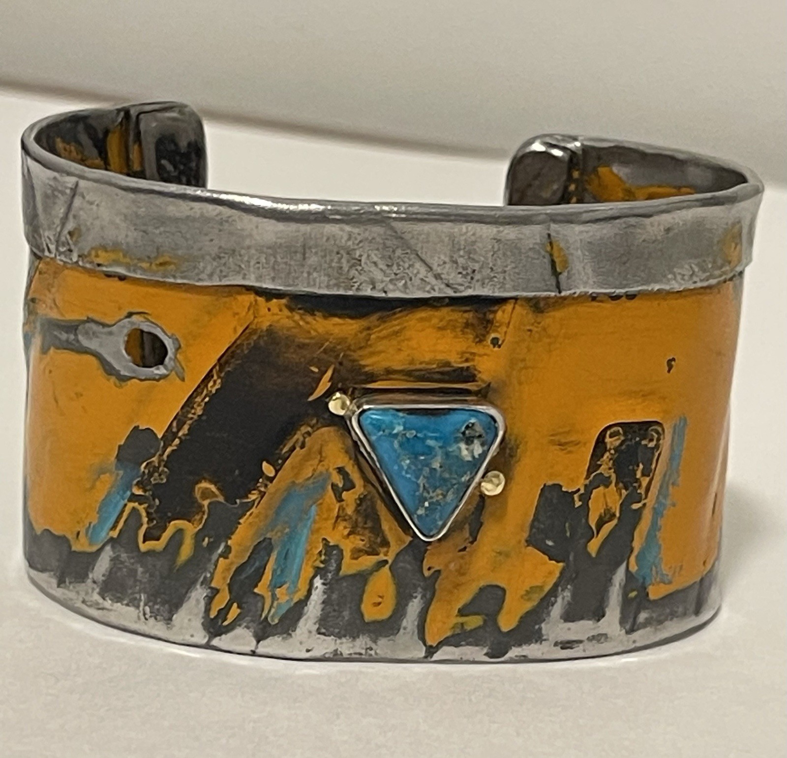 Kit Carson Handmade Metal Turquoise Cuff Bracelet hand painted Mustard Yellow