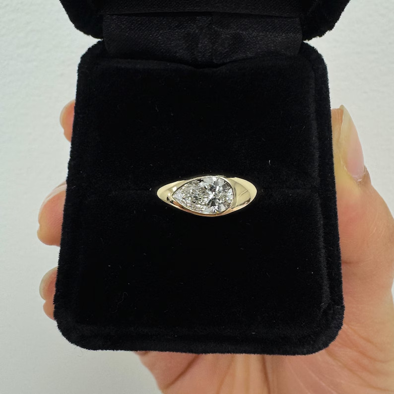IGI 1.50Ct Pear-Cut EF/VS1 Lab Grown Diamond Bezel Wedding Ring 14K Yellow Gold