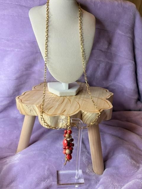 Vintage Boho Red Pink Cluster Tassel Pendant Necklace Matching Drop Earrings Set
