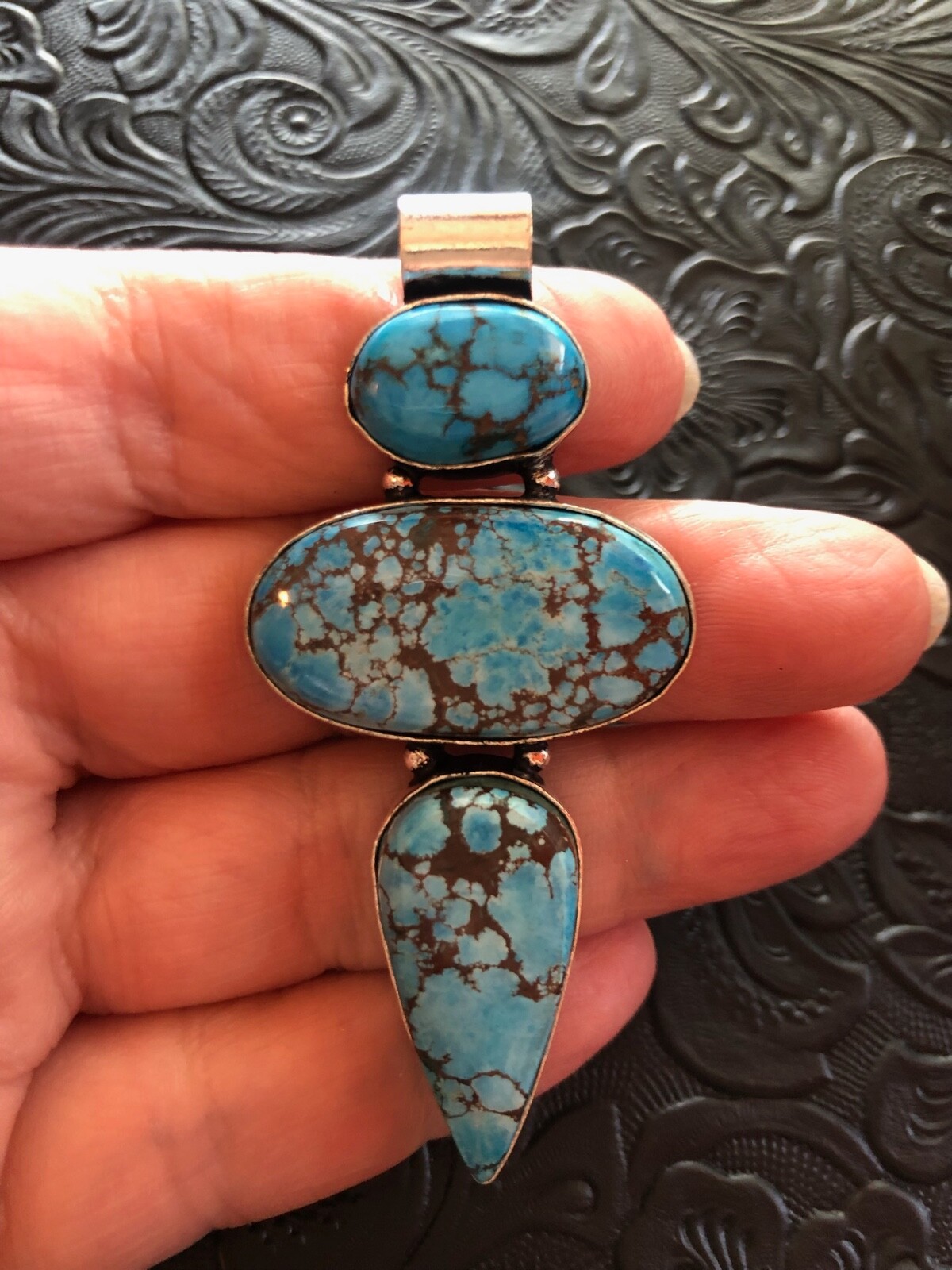 Big Hubei Blue Turquoise Totem Artisan Pendant Brown Web Matrix 2.75”