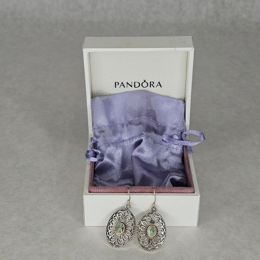 925 Sterling Silver Pandora Allure Green Spinel Filigree Hook On Earrings