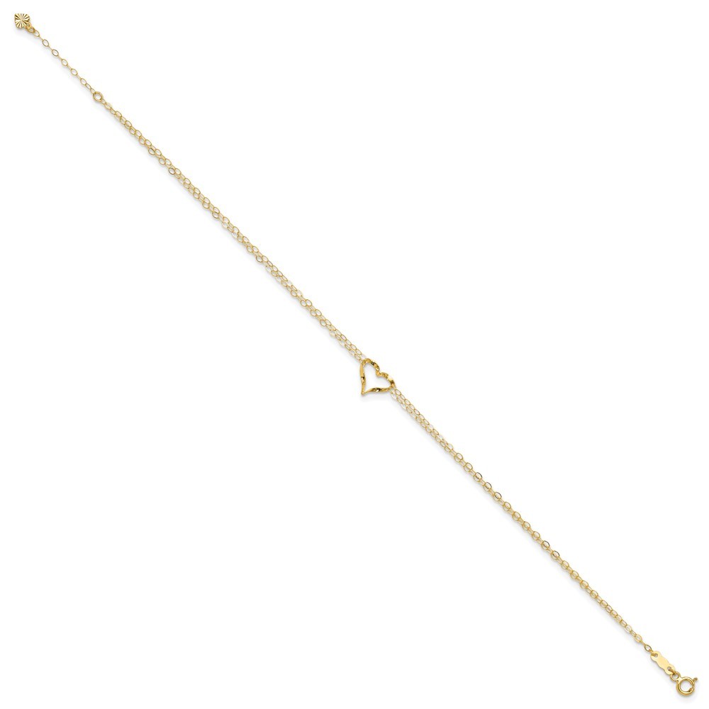 14k Yellow Gold Double Strand Heart 10in Plus 1in ext. Anklet for Women 0.95g