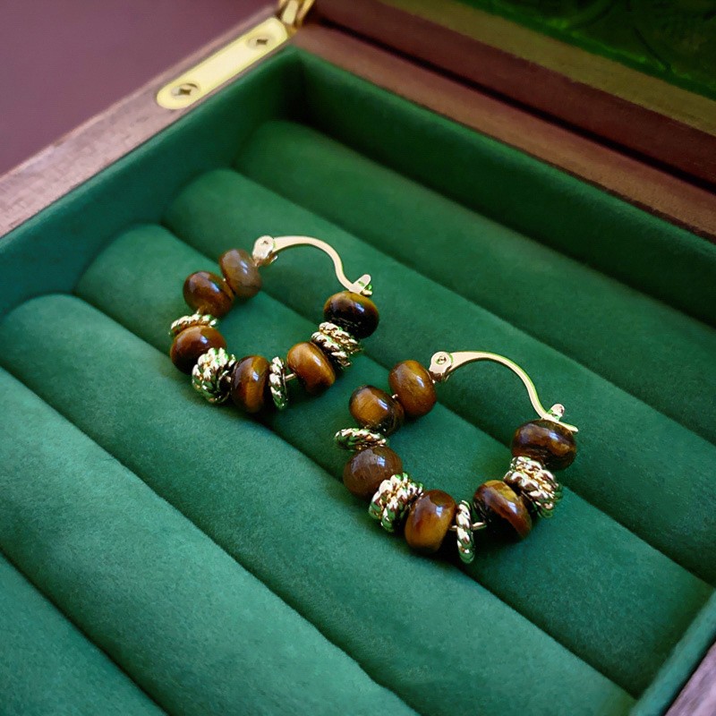 1 Pair Vintage Tiger Eye Stone Hoop Earrings Elegant Ear Clips Statement Jewelry