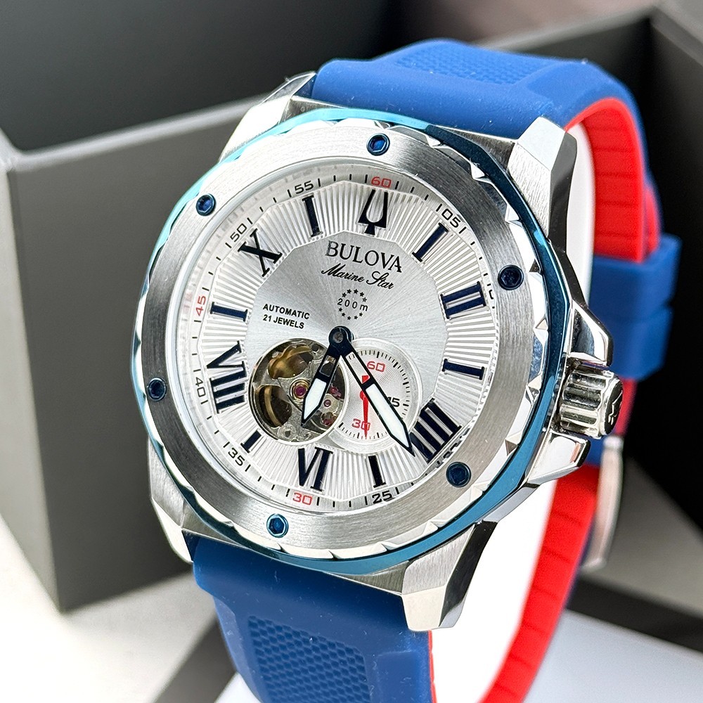 Bulova Men’s Marine Star White Dial Rubber Strap Automatic Watch 98A225
