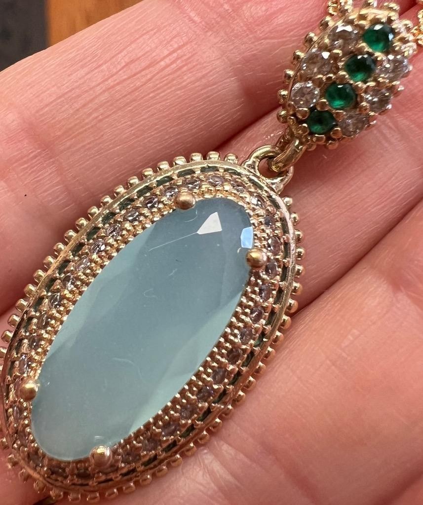REAL Milky Aquamarine 14K Gold on SOLID 925 White Sapphire Victorian Rev Oblong