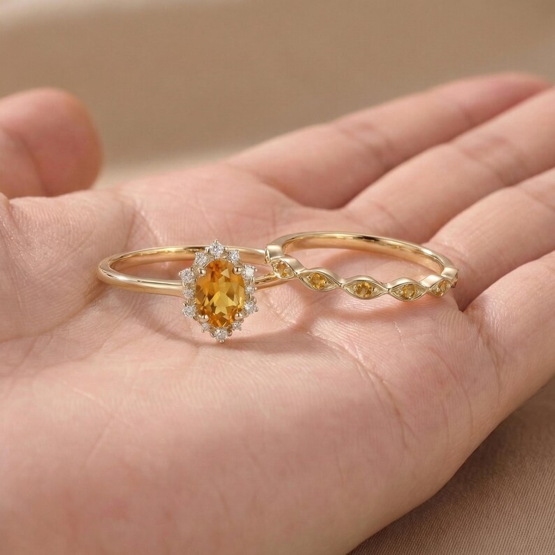 14k Yellow Gold Plated 2.00Ct Round Cut Simulated Citrine Womens Bridal Ring Set