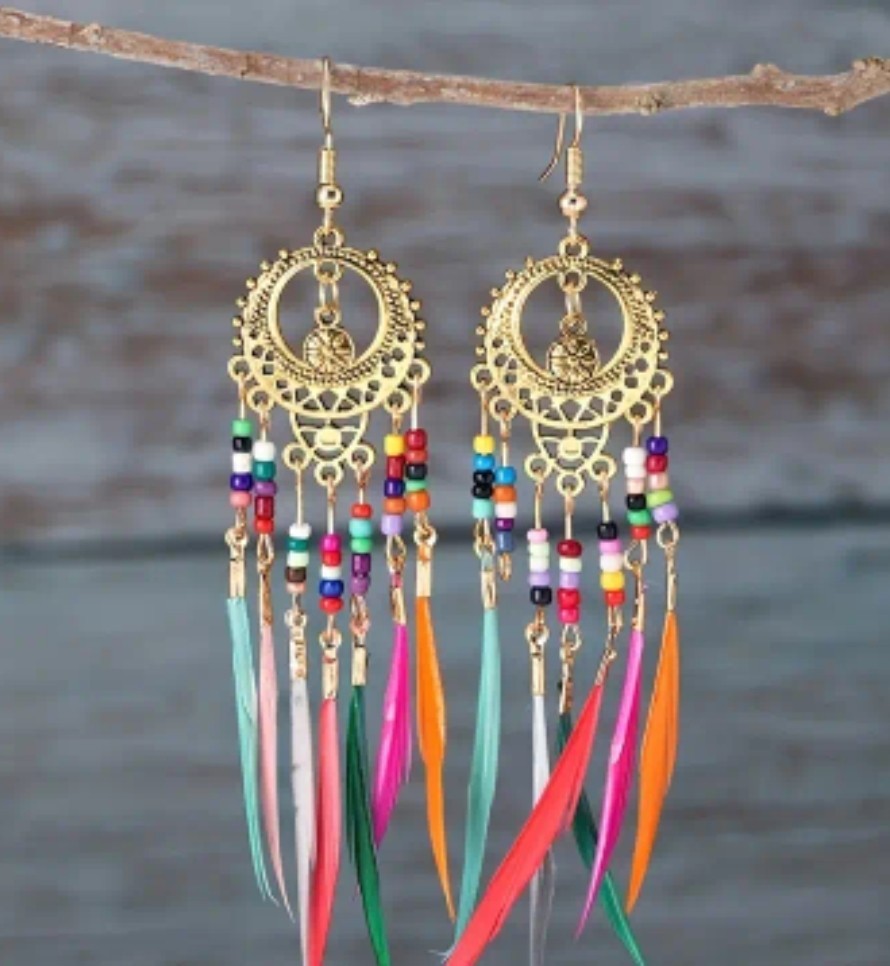 Multi-coloured Bohemian dream catcher Bead feather Dangle Golden indian