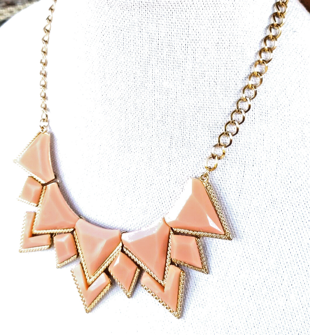 Necklace Statement Choker Geometric Art Deco Peachy Pink Gold Tone Vintage