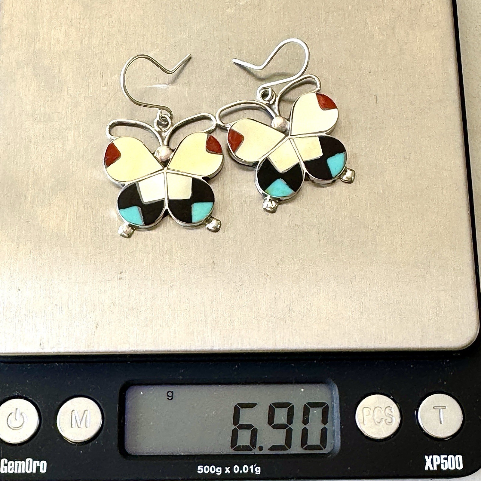 Zuni Butterfly Turquoise Earrings Multi Stone Inlay Signed Dishta Sterling Bug