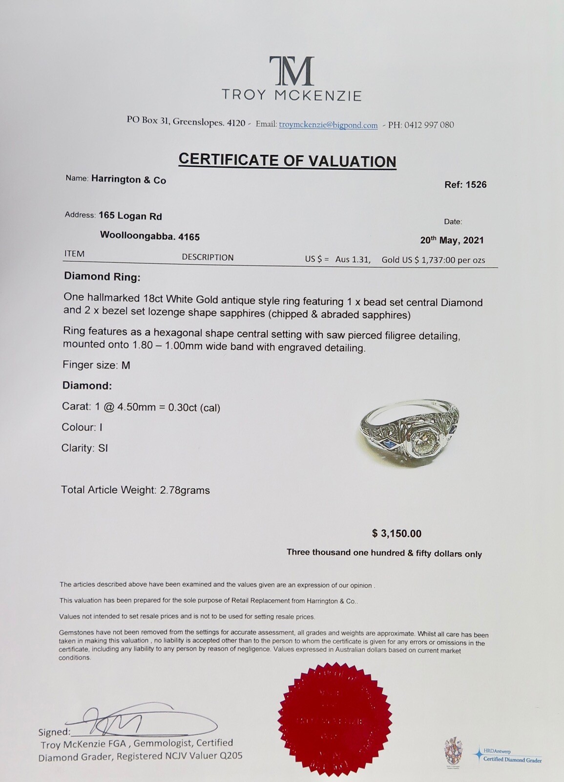 .A 18k White Gold 0.30ct Old Cut Diamond Set Antique Ring Size M Val $3150