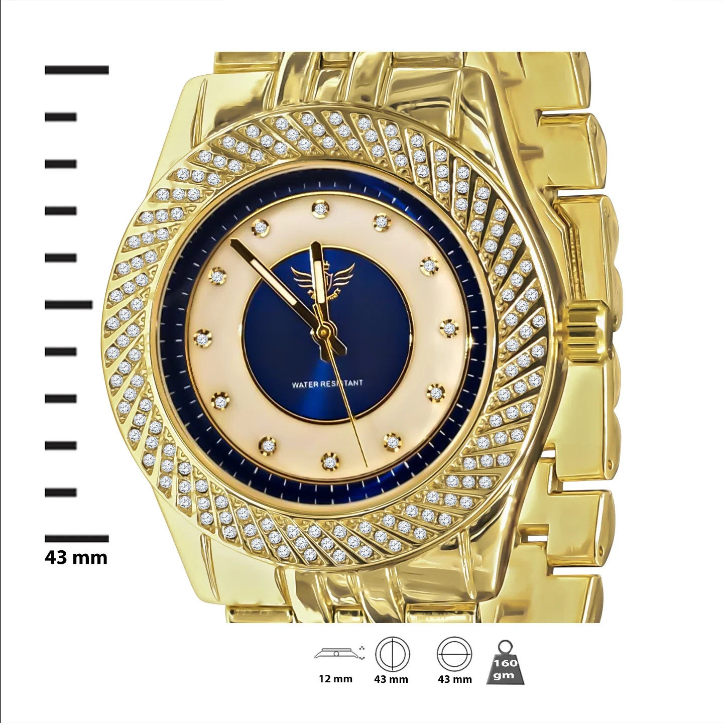 Mens Gold Tone Iced Out Quartz Watch Blue Dial Crystal Bezel Dress Watch 43mm