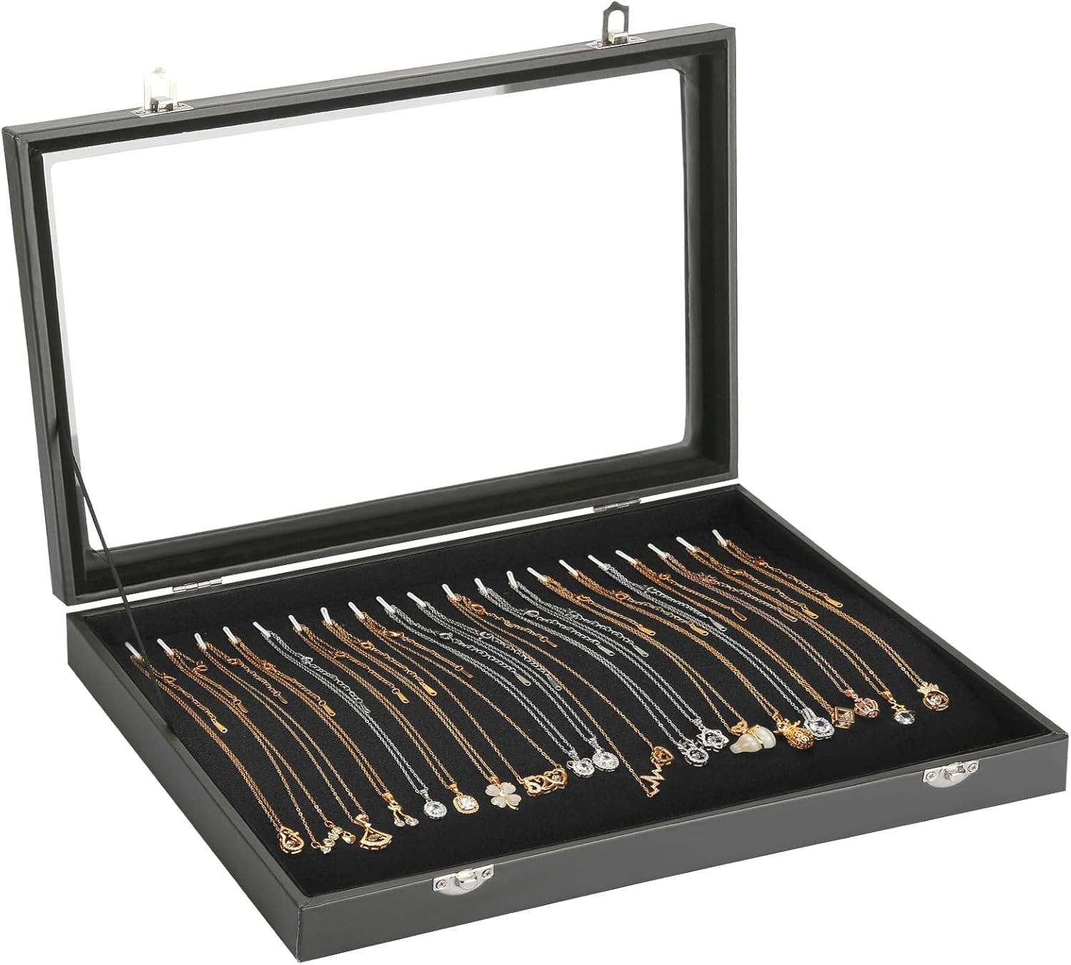 Necklace Organizer Box, 20 Hooks Jewelry Pendant Display Tray with Clear Lid for