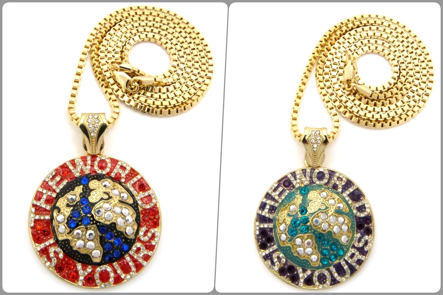 Stone Filled THE WORLD IS YOURS Pendant w/3mm 30″ Box Chain Hip Hop Necklace