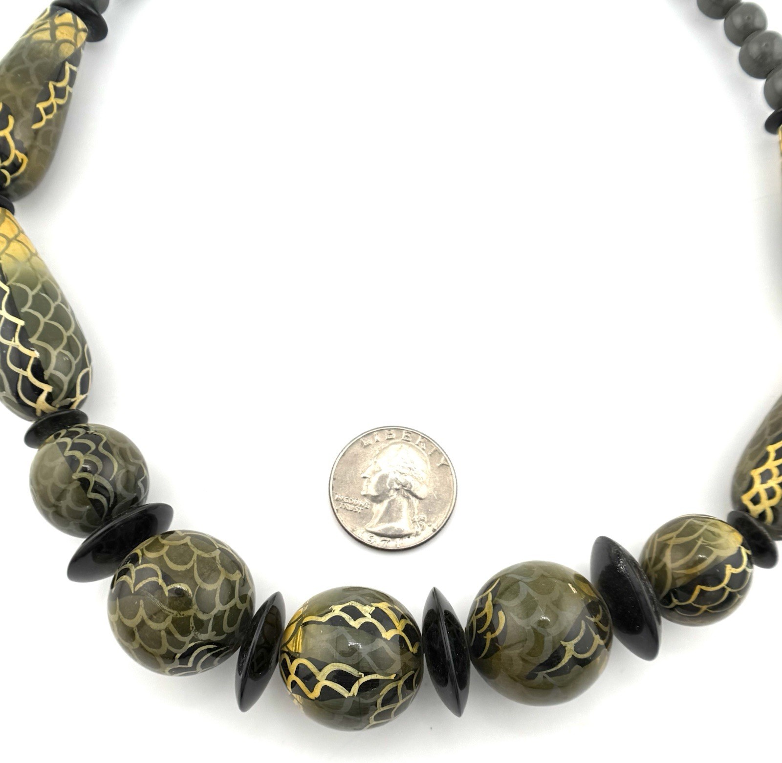 Vintage Olive Green Black Lucite Statement Necklace Gold Scale Beads 21”
