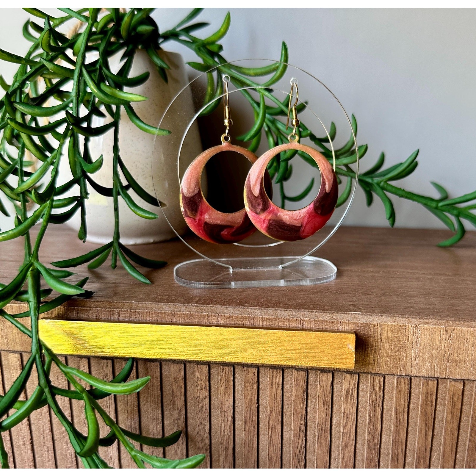 Retro Enamel Hoop Earrings | Pink Brass Statement Jewelry