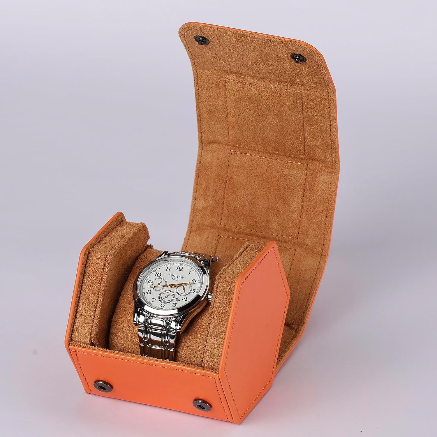 Orange Leather Watch Travel Case with Removable Cushions – Gift Ready