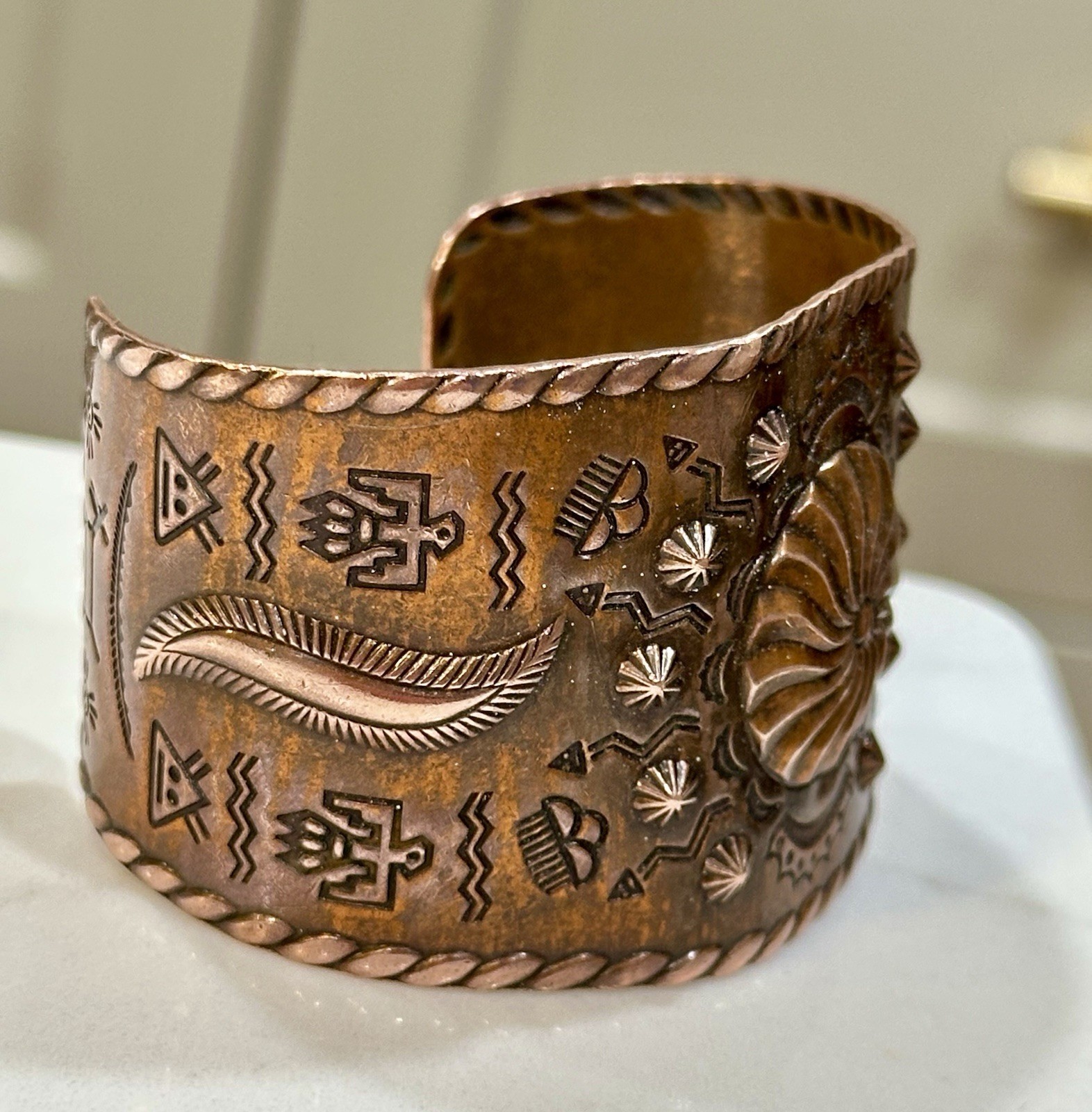 Fred Harvey Era/Native American Wide Copper Stamped Cuff/Bracelet. ~7”