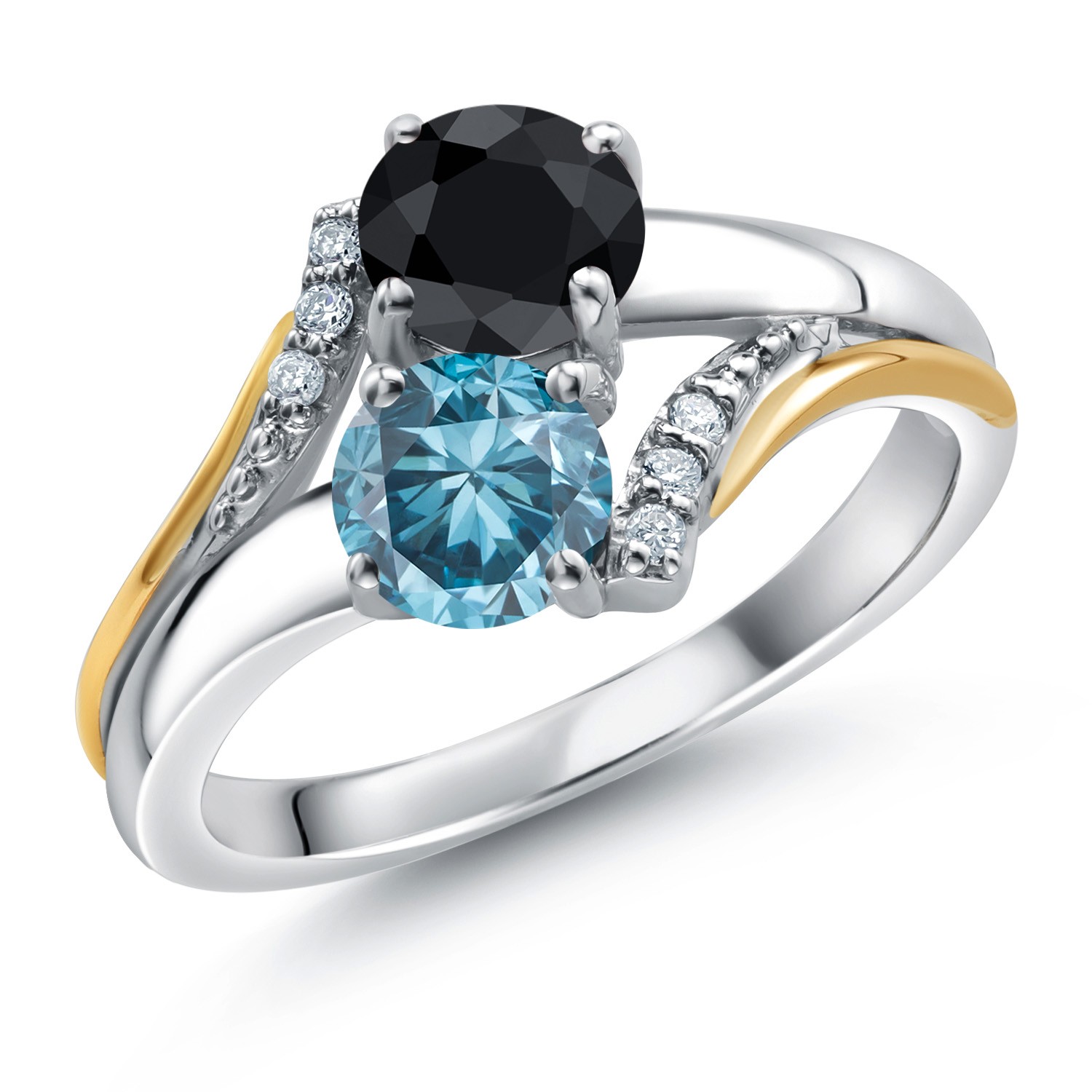 925 Silver and 10K Yellow Gold Blue Lab Grown Diamond and Black Sapphire and