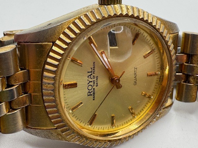 Vintage Men’s AXIS Royal Rainbow Time Gold Tone Quartz Date Watch New Battery
