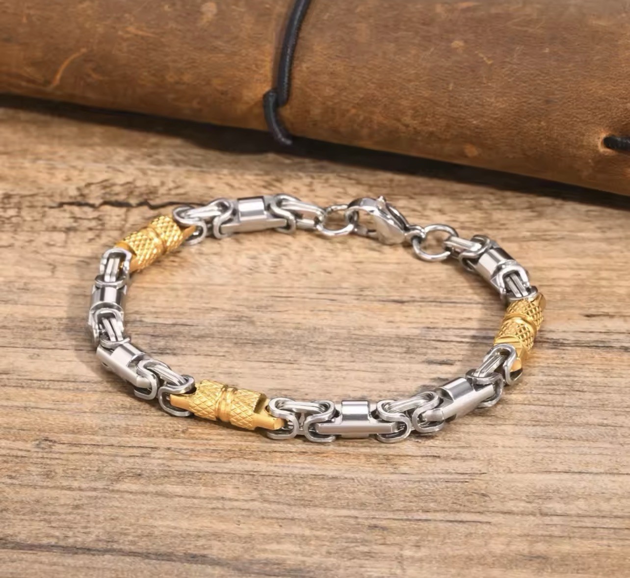 Men’s Byzantine Bracelet, Stainless Steel, Silver/Gold Color, 6mm/20cm